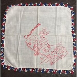 Vintage California Souvenir Handkerchief With Red Map Print & Crochet Lace Trim